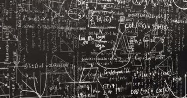 Tahtadaki beyaz matematiksel formüllerin ve geometrik çizimlerin animasyonu. eğitim bilimi araştırma konsepti dijital olarak oluşturulmuş görüntü.