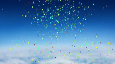 Mavi gökyüzüne ve bulutlara düşen çok renkli konfeti animasyonu. Yeni yıl arifesi parti kutlaması konsepti dijital olarak oluşturuldu.