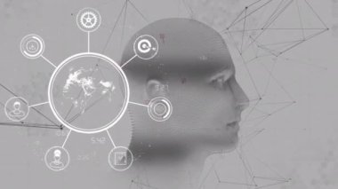 Dijital arayüz simge ağıyla dönen insan kafası animasyonu. küresel teknoloji bilgi bağlantısı ağ konsepti dijital olarak oluşturulmuş görüntü.