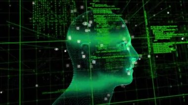 Dijital arayüz veri işleme ile dönen insan kafası animasyonu. küresel teknoloji bilgi bağlantısı ağ konsepti dijital olarak oluşturulmuş görüntü.