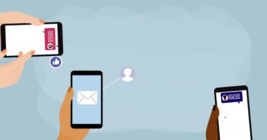 Çevrimiçi sohbet eden insanların dijital simgelerle akıllı telefonları tutmalarının animasyonu. bağlantı iletişimi sosyal ağ konsepti dijital olarak oluşturulmuş görüntü.