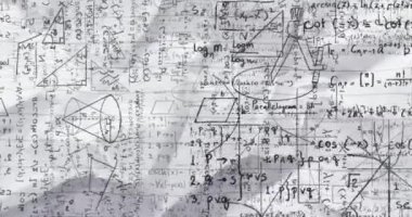 Siyah matematiksel formüllerin animasyonu ve beyaz üzerine geometrik çizimler. eğitim bilimi araştırma konsepti dijital olarak oluşturulmuş görüntü.