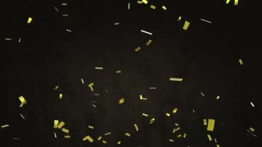 Altın konfetisinin gri arka planda bulutların üzerine düşüşünün animasyonu. Yılbaşı partisi şenlik konsepti dijital olarak oluşturuldu.