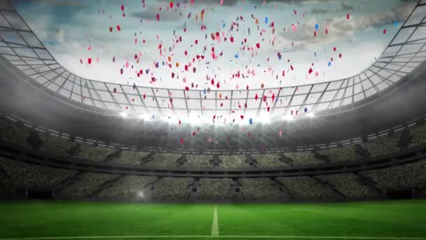 多色のコンフェッティのアニメーションは 空のスポーツスタジアムに落ちます 優勝コンクールの祭典のコンセプトデジタル生成されたイメージ — ストック動画