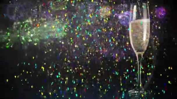 Animace pestrobarevných konfet, ohňostrojů a flétny šampaňského. Silvestrovská oslava slavnostní koncept digitálně generovaný image.