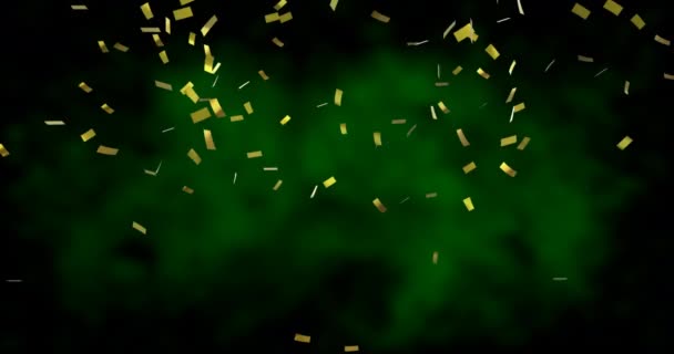 Animation Golden Confetti Falling Glowing Green Background New Years Eve — Stock Video