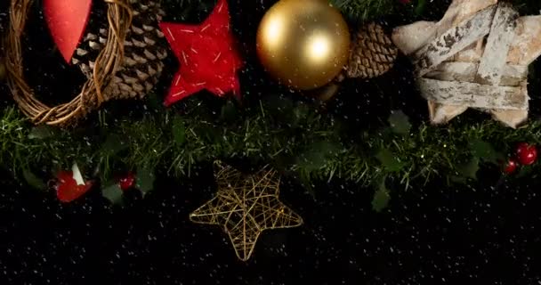 Animation Snow Falling Christmas Decoration Baubles Christmas Celebration Festivity Concept — Stock Video