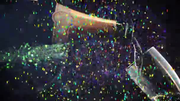 Animation Multi Coloured Confetti Fireworks Champagne Pouring New Year Eve — Stock Video