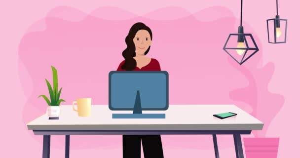 コンピュータを使って自宅で働く女性の絵文字のアニメーション 感染症の流行期に職場での通信技術の社会的距離 — ストック動画