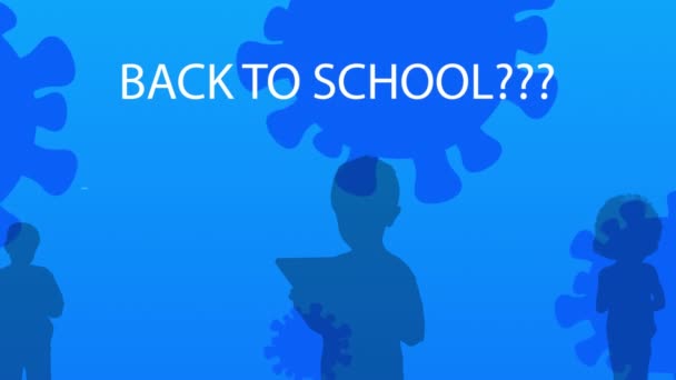 Animace Koronavirových Buněk Zpátky Školy Text Dětské Siluety Nad Modrým — Stock video