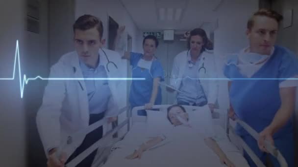 Animación Digital Del Monitor Frecuencia Cardíaca Azul Brillante Contra Médico — Vídeo de stock