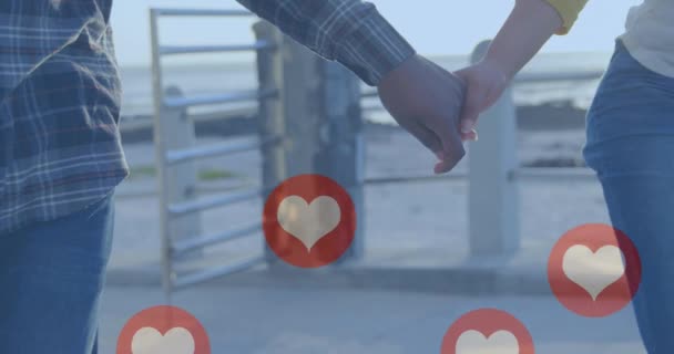 Animation Red Heart Icons Floating Mid Section Couple Love Holding — Stock Video