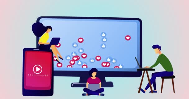 Animation Des Bildschirms Mit Social Media Symbolen Die Menschen Mit — Stockvideo