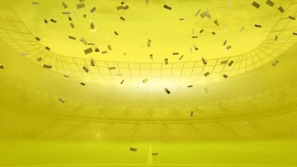 Animation Gold Confetti Falling Empty Sports Stadium Yellow Victory Competition — Stock Video