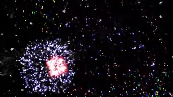 Animazione Coriandoli Fuochi Artificio Che Esplodono Sfondo Nero Capodanno Festeggiamento — Video Stock