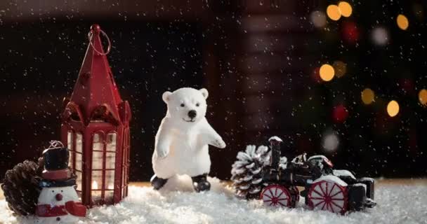 Animación Decoración Navideña Con Linterna Oso Nieve Cayendo Navidad Celebración — Vídeo de stock