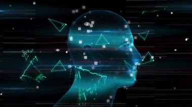Dijital arayüz veri işleme ile dönen insan kafası animasyonu. küresel teknoloji bilgi bağlantısı ağ konsepti dijital olarak oluşturulmuş görüntü.