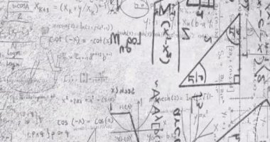 Siyah matematiksel formüllerin animasyonu ve beyaz üzerine geometrik çizimler. eğitim bilimi araştırma konsepti dijital olarak oluşturulmuş görüntü.