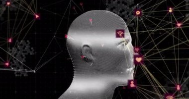 Dijital arayüz bağlantılarıyla dönen insan kafasının animasyonu. küresel teknoloji bilgi bağlantısı ağ konsepti dijital olarak oluşturulmuş görüntü.