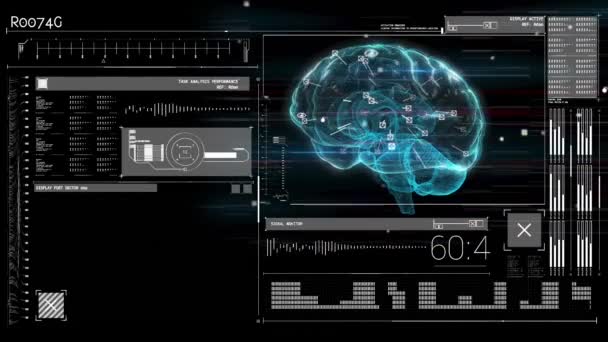 Анімація Сяючого Людського Мозку Цифровою Обробкою Даних Інтерфейсу Концепція Глобальних — стокове відео