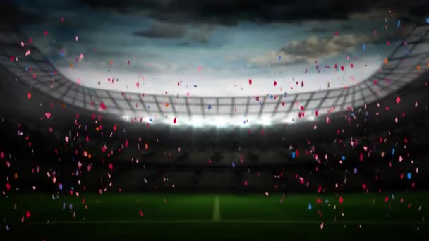 Animation Multi Coloured Confetti Falling Empty Sports Stadium Competition Victory — Stock Video