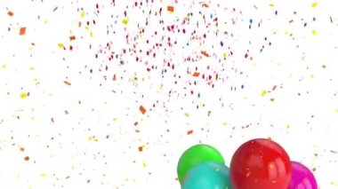 Beyaz arka planda çok renkli konfeti ve balon animasyonu. doğum günü kutlaması konsepti dijital olarak oluşturulmuş görüntü.