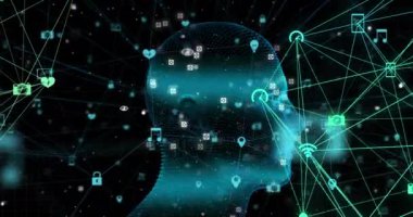 Dijital arayüz bağlantılarıyla dönen insan kafası animasyonu. küresel teknoloji bilgi bağlantısı ağ konsepti dijital olarak oluşturulmuş görüntü.