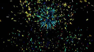 Çok renkli konfeti ve havai fişeklerin siyaha patlamasının animasyonu. Yılbaşı partisi şenlik konsepti dijital olarak oluşturuldu.