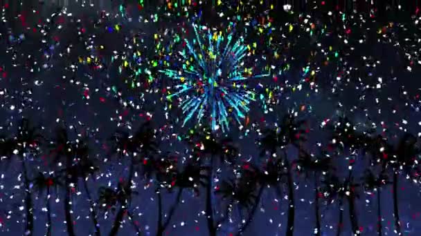 Анімація Різнокольорових Конфетті Феєрверків Над Пальмами Новорічне Свято Святкування Концепція — стокове відео