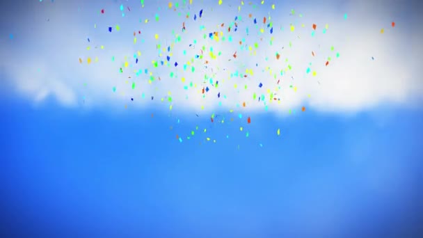 Animación Confeti Multicolor Que Cae Sobre Cielo Azul Nubes Año — Vídeos de Stock