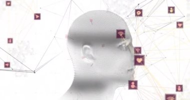 Dijital arayüz bağlantılarıyla dönen insan kafası animasyonu. küresel teknoloji bilgi bağlantısı ağ konsepti dijital olarak oluşturulmuş görüntü.