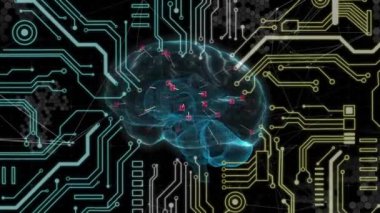 Dijital arayüz bilgisayar devre kartı ile parlayan insan beyninin animasyonu. küresel teknoloji bilgi bağlantısı ağ konsepti dijital olarak oluşturulmuş görüntü.