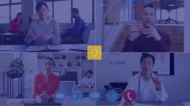 Ekrandaki simgelerle dijital arayüzün animasyonu ve görüntülü konuşma yapan insanlar. Dijital olarak oluşturulan küresel bilgisayar ağı teknolojisi kavramı.