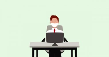 Yüz maskesi altında bilgisayar kullanan bir adamın animasyonu. bağlantı teknolojisi sosyal uzaklık covid 19 salgını sırasında işyerinde.