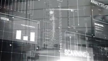 Simgeler ve veri işleme ile dijital arayüzün animasyonu. Ofiste yürüyen kişilere karşı veri işleme ile dijital arayüz.