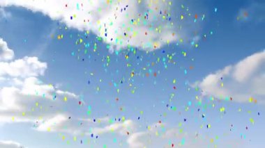 Mavi gökyüzüne ve bulutlara düşen çok renkli konfeti animasyonu. Yılbaşı partisi şenlik konsepti dijital olarak oluşturuldu.