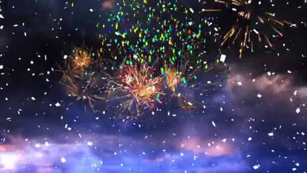 Animação Confetes Fogos Artifício Explodindo Contra Nuvens Véspera Ano Novo — Vídeo de Stock