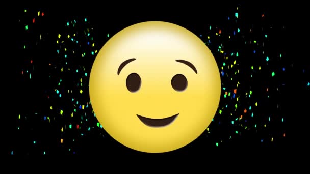 Animação Confetes Multicoloridos Caindo Sobre Emoji Sorridente Preto Véspera Ano — Vídeo de Stock