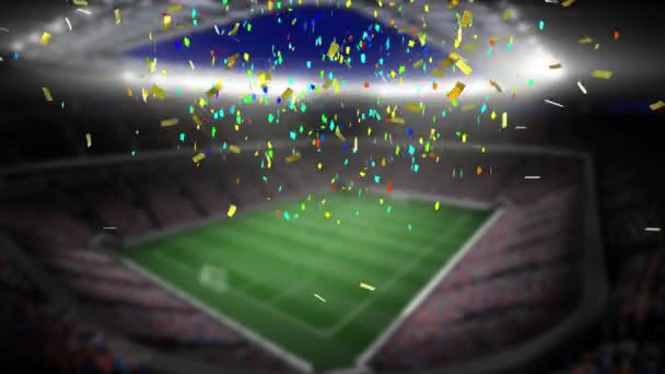Animazione Coriandoli Multicolori Che Cadono Sopra Stadio Sportivo Vuoto Vittoria — Video Stock