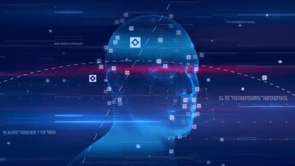 Animación Cabeza Humana Girando Con Procesamiento Datos Interfaz Digital Tecnología — Vídeo de stock