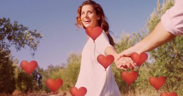 Animación Globos Rojos Del Corazón Flotando Sobre Pareja Enamorada Tomados — Vídeos de Stock