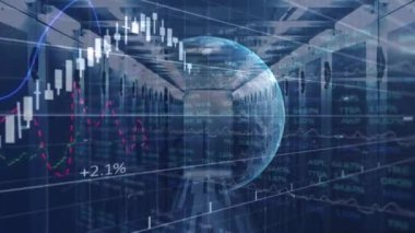 Bilgisayar sunucuları ve dünya üzerindeki finansal verilerin animasyonu. küresel teknoloji bağlantı iletişim konsepti dijital olarak oluşturulmuş görüntü.