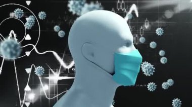 Coperid 19 hücre ve veri işleme üzerinde yüz maskesi olan insan kafası animasyonu. küresel covid 19 koronavirüs pandemik sağlık krizi konsepti dijital olarak oluşturulmuş görüntü.