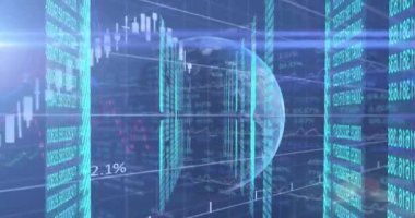 Finansal veri işlemenin dijital animasyonu siyah arka planda dünya ile karşılaştırılıyor. küresel finans ve teknoloji kavramı.