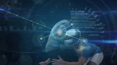 İki erkek rugby oyuncusunun çekişme ve bağlantı ağı animasyonu. global spor teknolojisi ağ konsepti dijital olarak oluşturulmuş görüntü.