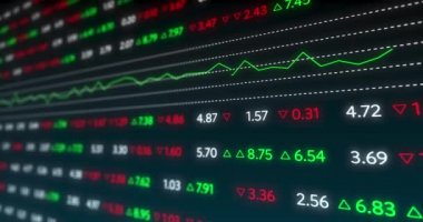 Grafikler ve rakamlar değişen borsa ekran panosu animasyonu. küresel işletme finans kavramı dijital olarak oluşturulmuş görüntü.