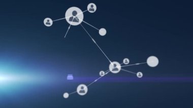 Mavi arkaplan üzerindeki simgelerle bağlantı ağının canlandırılması. küresel teknoloji bağlantı iletişim konsepti dijital olarak oluşturulmuş görüntü.