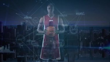 Bağlantılar ve şehir manzarası olan erkek basketbolcunun animasyonu. küresel teknoloji bağlantı iletişim konsepti dijital olarak oluşturulmuş görüntü.
