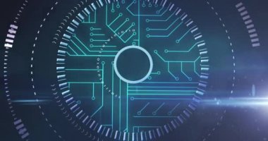 Parlak yeşil çember dürbünlü dijital devre kartının animasyonu. küresel çevrimiçi ağ teknolojisi bağlantı konsepti dijital olarak oluşturulmuş görüntü.