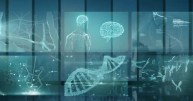 DNA ve ekranlarla tıbbi veri işleme animasyonu. küresel teknoloji bağlantı iletişim konsepti dijital olarak oluşturulmuş görüntü.